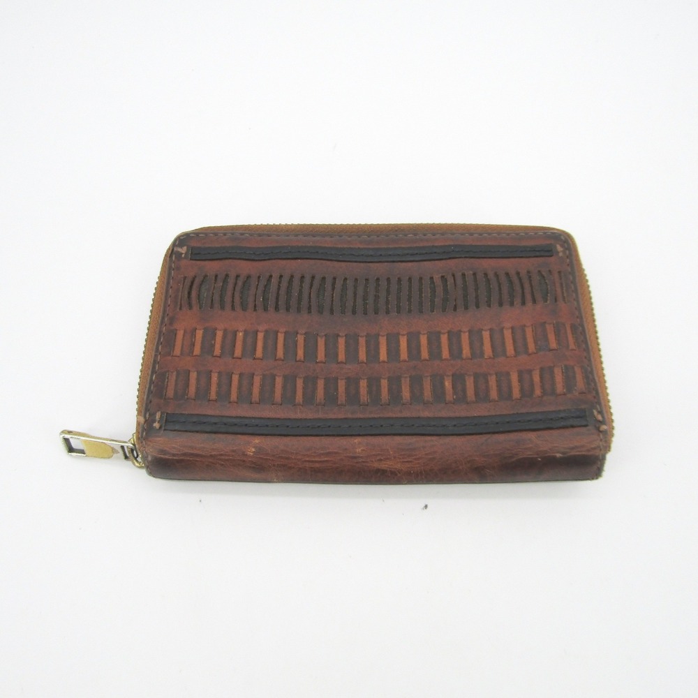 Fossil Brown Leather Zip Around Wallet Perforated Woven Detail Boho Organizer